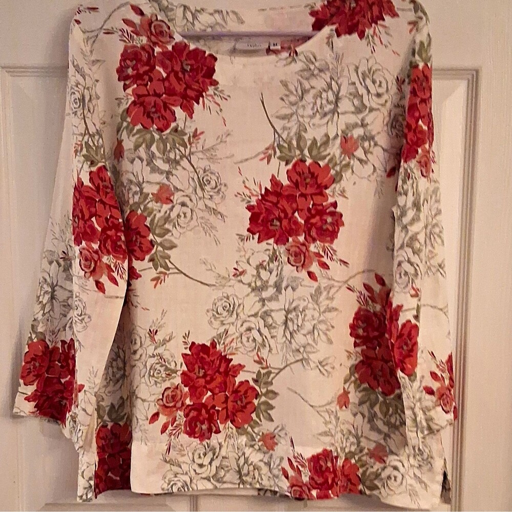 Hot Cotton Women's Size M Ivory Floral Linen Woven Scoop Neck 3/4 Sleeve Top